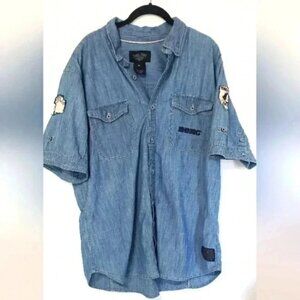 Harley-Davidson button up denim shirt mens size XL patches short sleeve